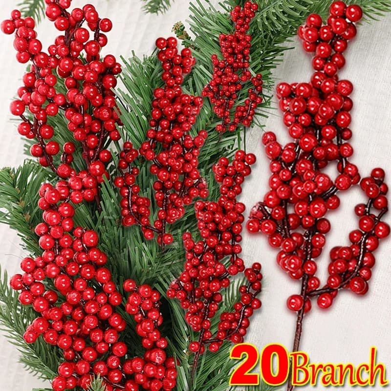 20/1pcs Christmas Red Berries Artificial Coppers Cherry Berries Plants Flowers Garland Ornaments Christmas Tree Holiday Home Decorations