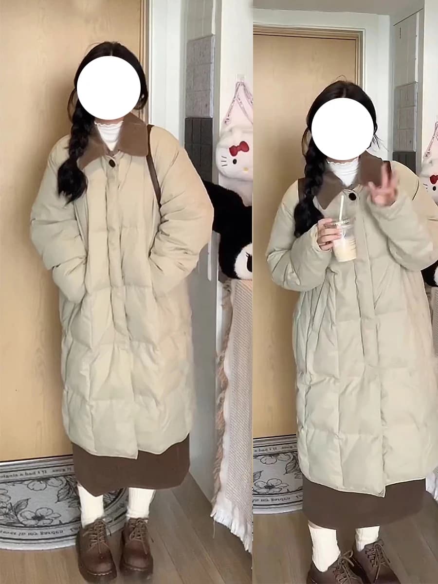 Women's down Cotton Jacket Winter New Design Loose Versatile Mid-Length Knee-Over Diamond Grid Cotton Coat Outerwear
