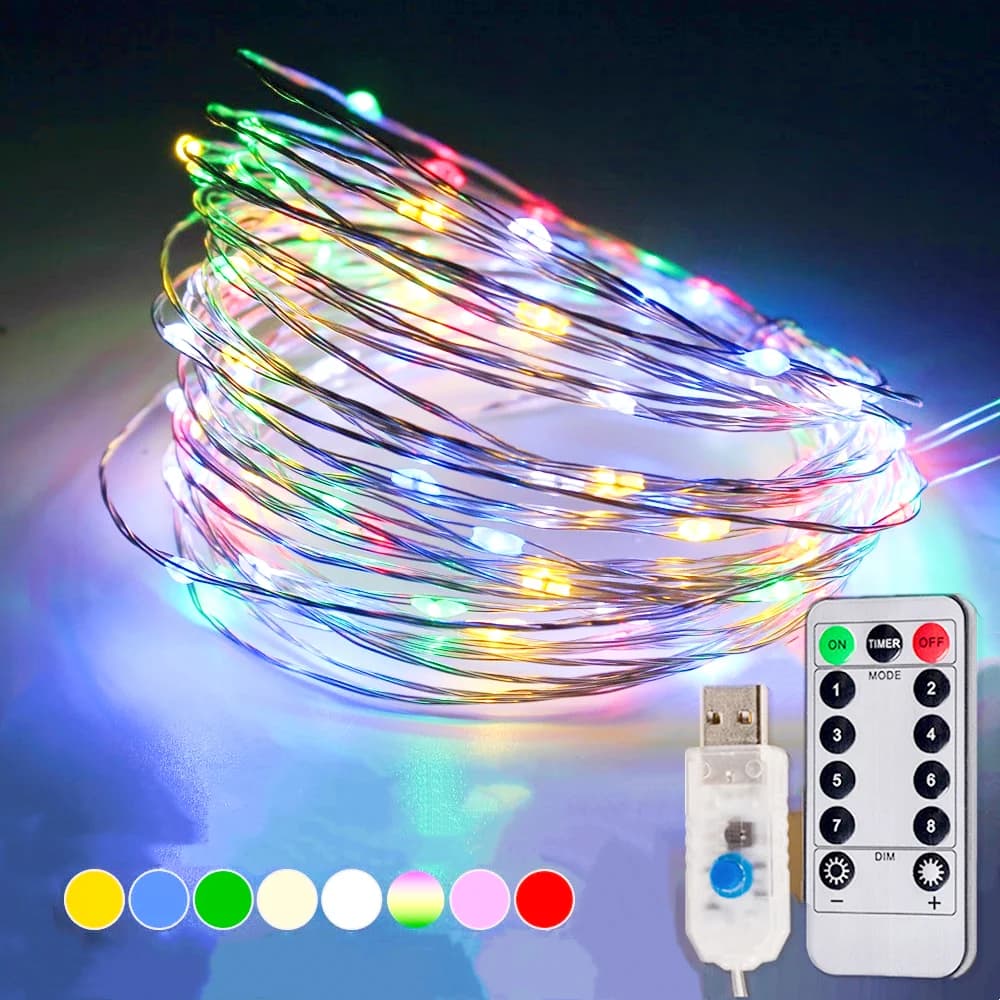 Luci da fata a LED multicolori 5/10/20/50M RGB impermeabili con controllo IR alimentate tramite spina USB per la decorazione della festa nuziale