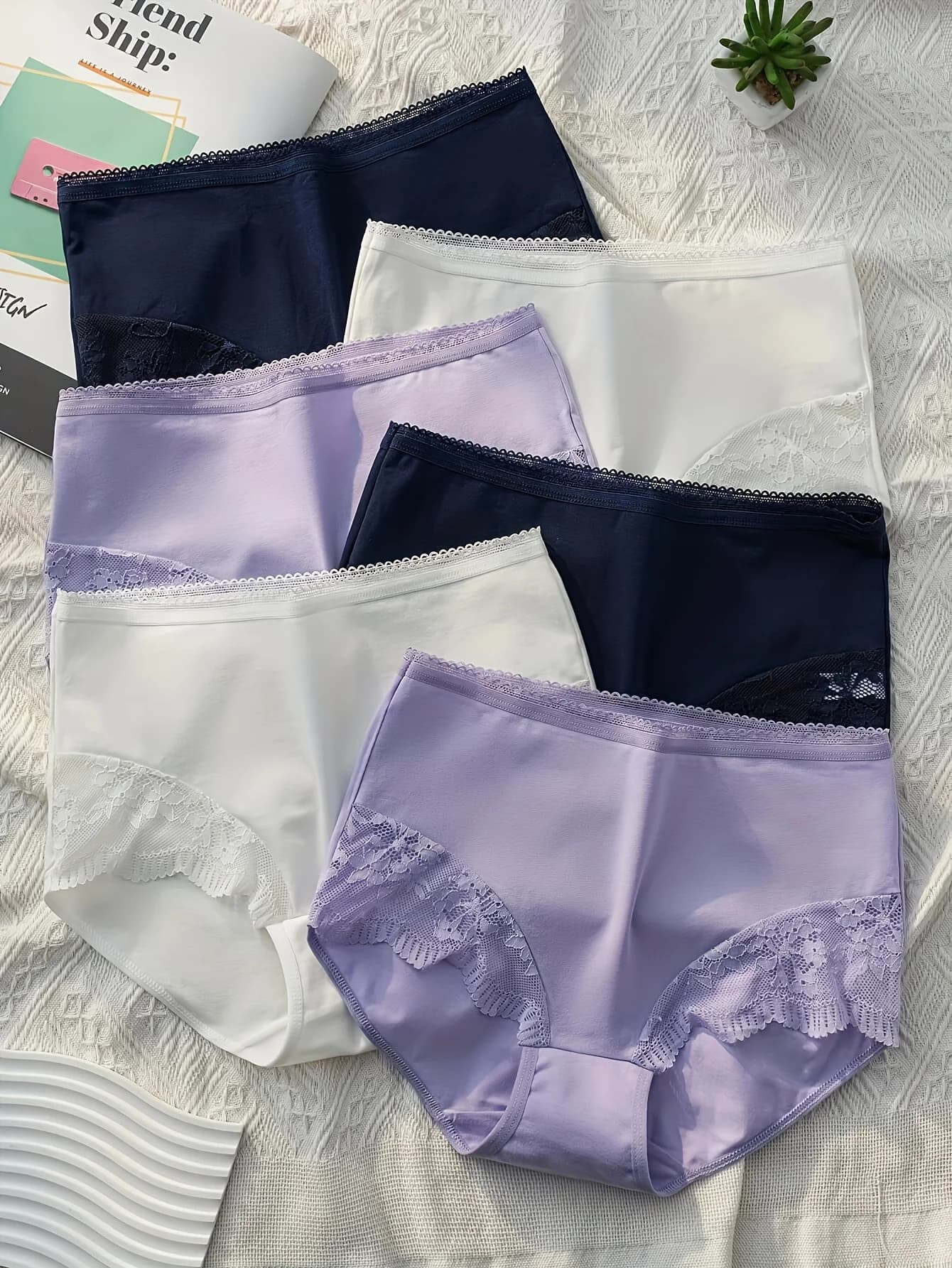 Slip da donna in puro cotone misto da 6 pezzi, patchwork di pizzo a vita alta, comoda biancheria intima da donna dal taglio ampio