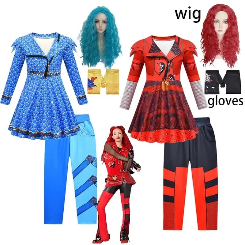 D-Descendants Rise of Red Costume for Red Chloe Cosplay Costume Fancy Dress Pants Wig Set Halloween Clothes
