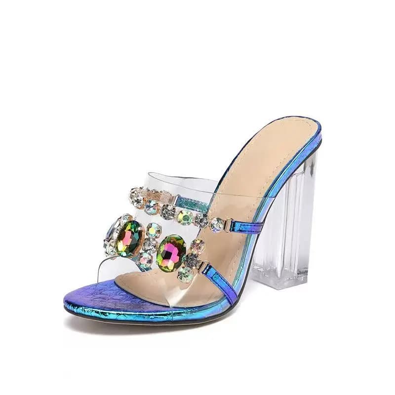 Ladies' Summer Fashion Diamond Slippers Fish Mouth Transparent Slippers Water Diamond Thick High Heels Outerwear Cool Slippers