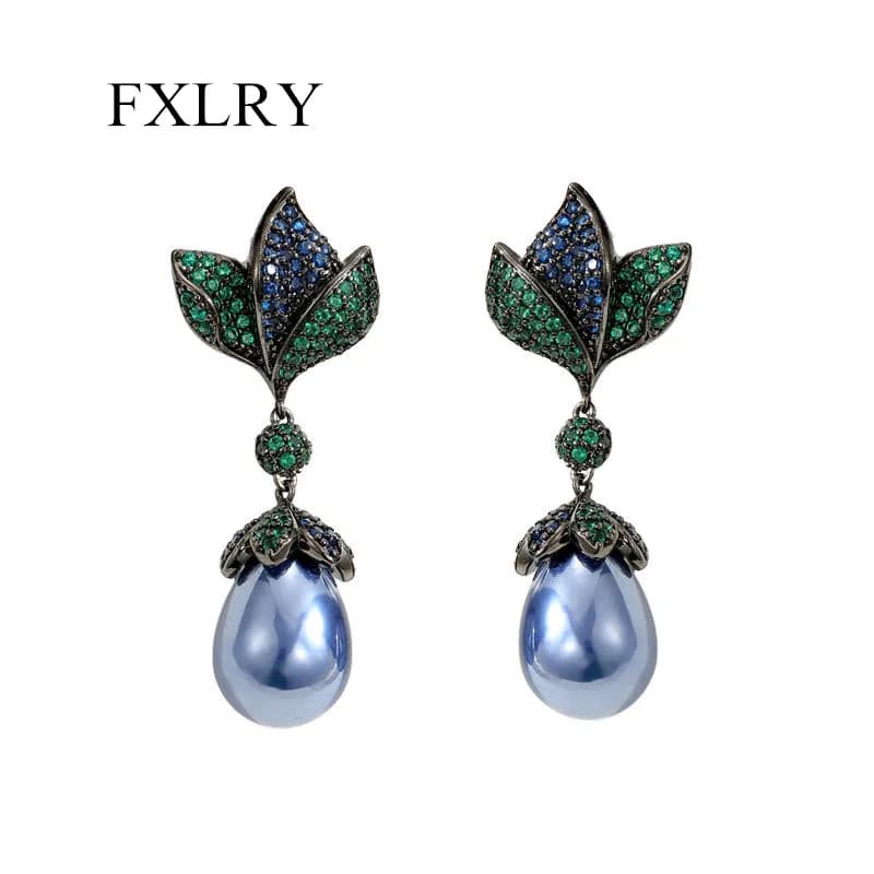 FXLRY s925 argento ago francese elegante intarsiato zircone fiore goccia orecchini di perle per le donne gioielli da sposa da sposa
