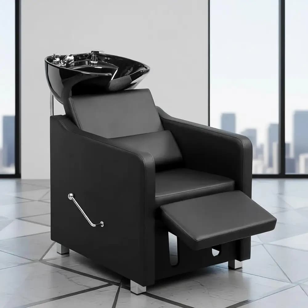 Poltrona Reclinabile Regolabile per Lavaggio Capelli con Lavabo, Supporto per Gambe, per Barbiere, Centro Estetico, Massaggi, Nera