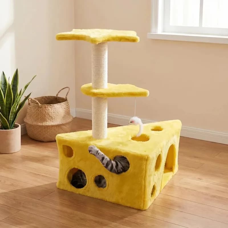 Luxury Cheese Cat Tree Scratcher Small Space Cat Tunnel Scratching Post Eco-Friendly Durable 2-Level Non-Shedding Particle