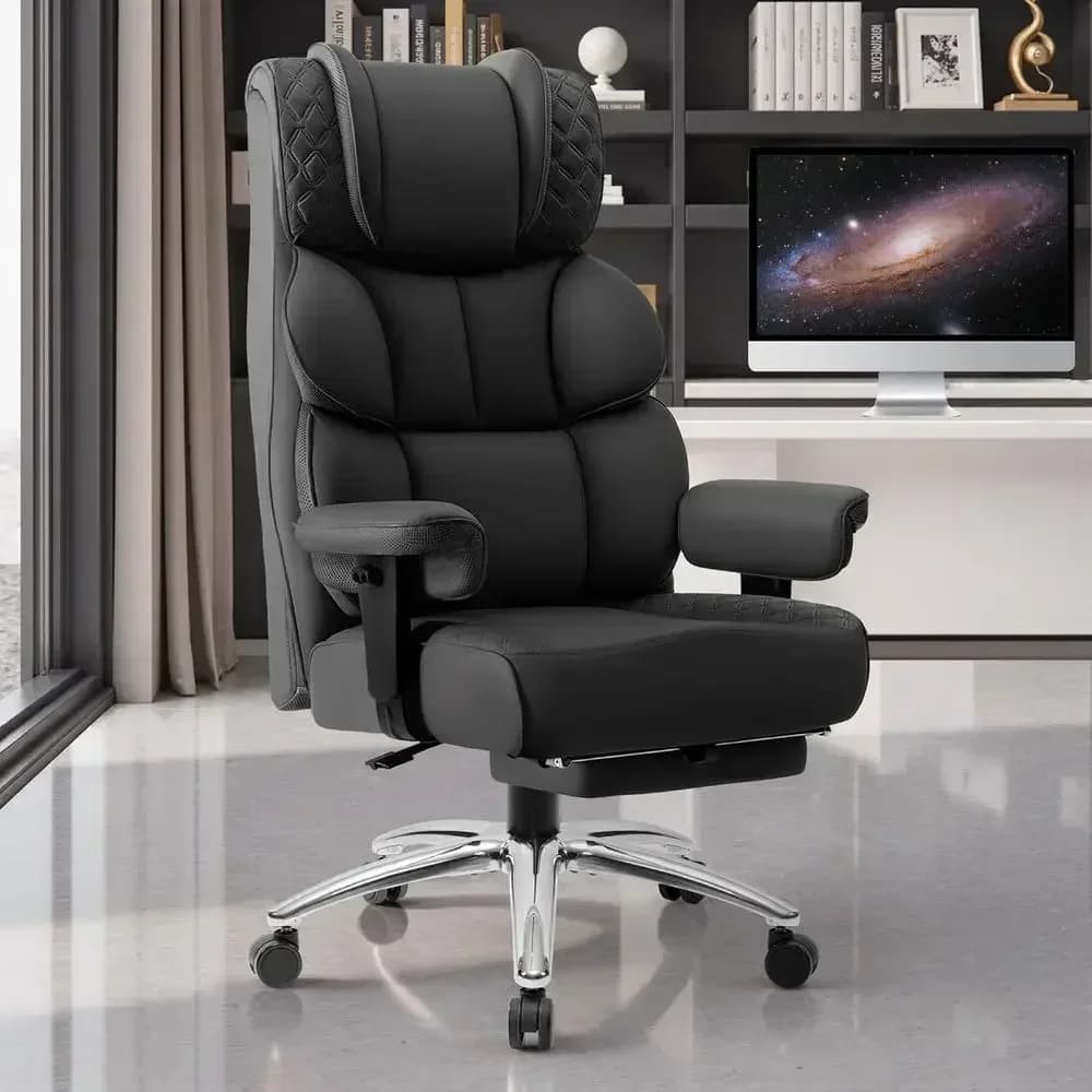 Sedia da Gaming Ergonomica in Pelle con Schienale Alto per Persone Alte e Robuste, con Poggiapiedi, Girevole e Supporto Lombare Imbottito, Nera