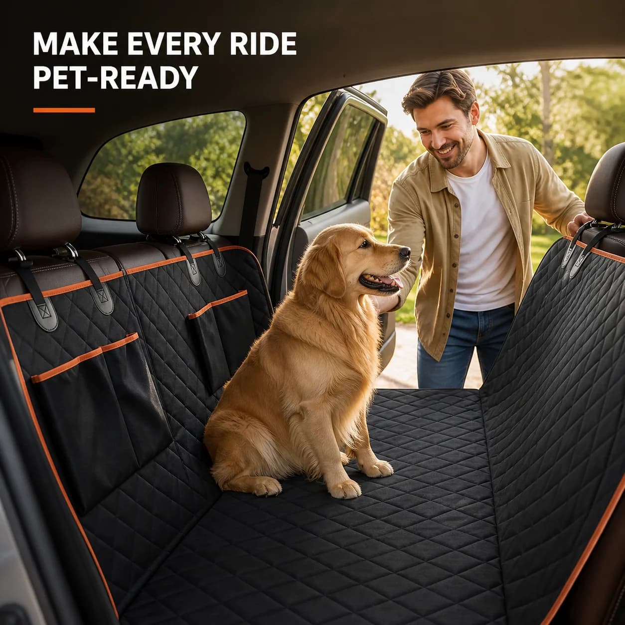 Pet Car Seat Cover for Dogs, Black Quilted Back Seat Protector with Raised Sides, Adjustable Straps and Storage Pockets