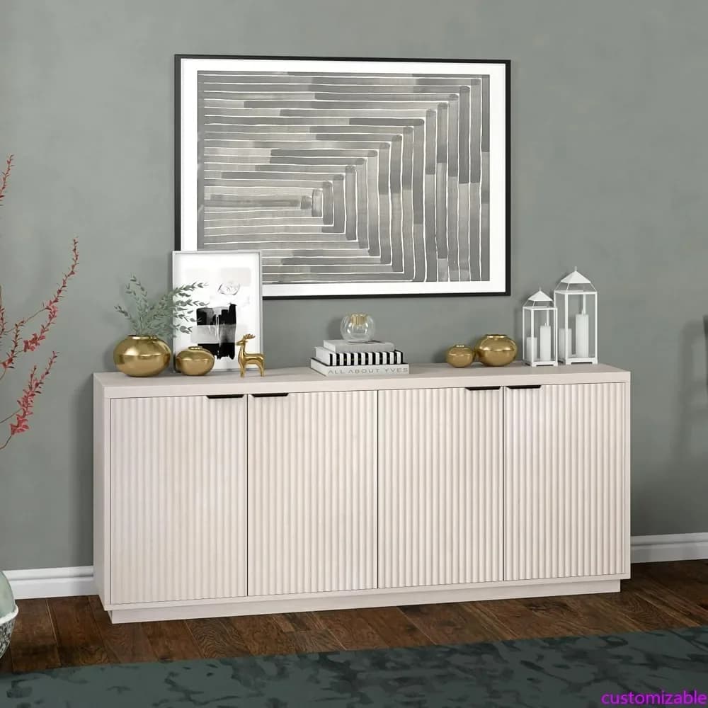 Credenza in Legno Scanalato da 48 Pollici con 3 Ante, Ripiani Regolabili e Sistema di Gestione dei Cavi