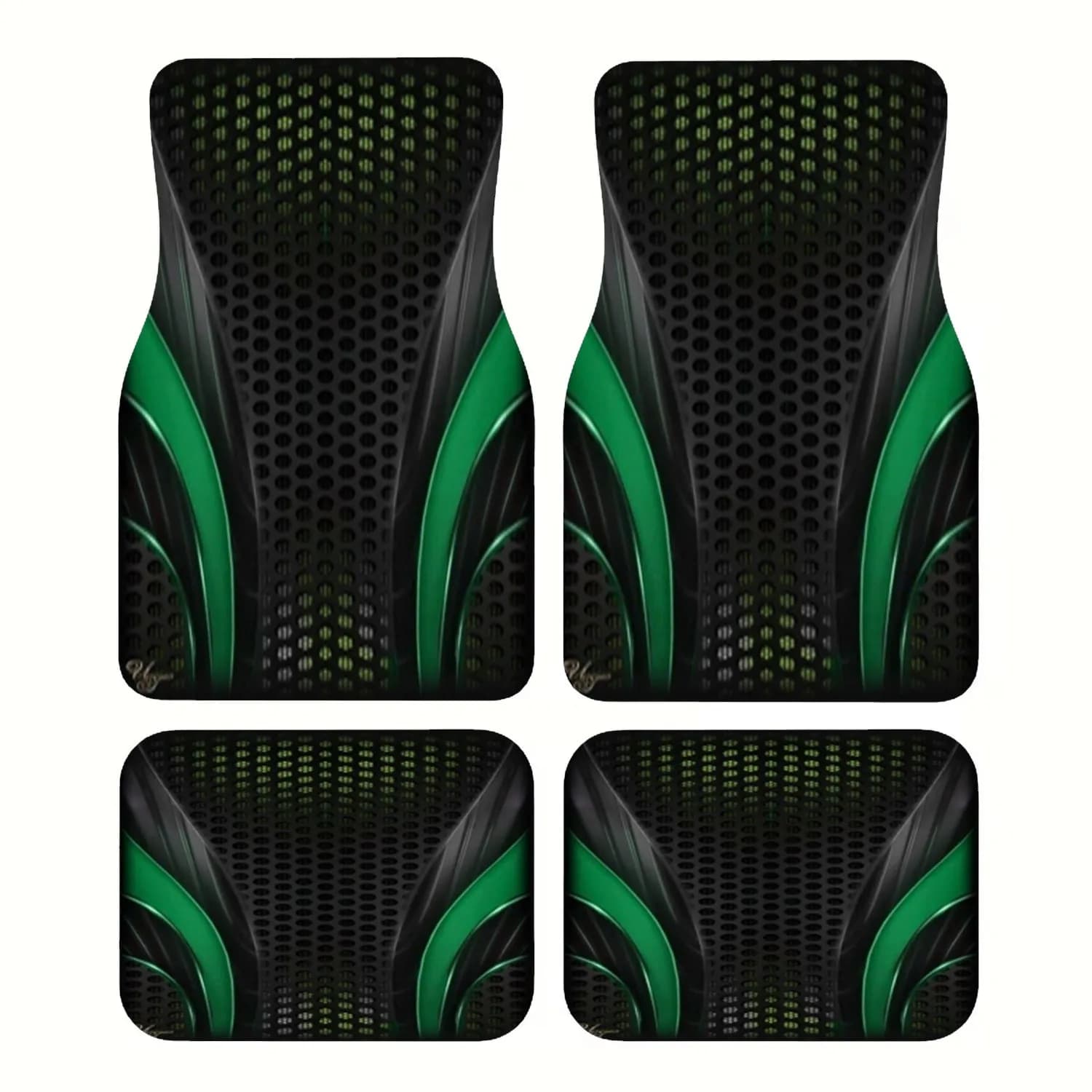 4pcs Futuristic Green Black Car Mats, sleek tech aesthetic & striking contrast finish.Fashionable floor mats to upgrade interior