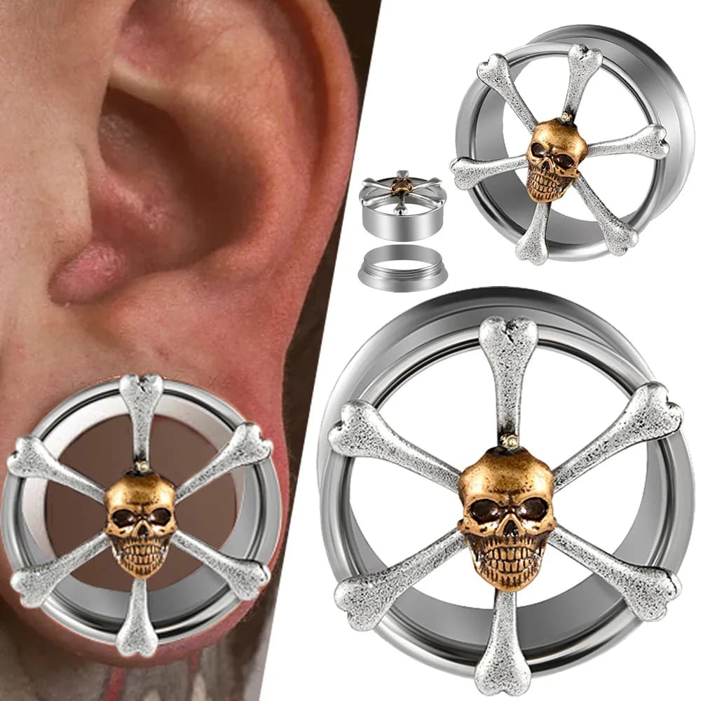 1PC In Acciaio Inox Teschio Orecchio Calibri Tunnel Dell'orecchio Tappi Espansori Doppio Svasato Orecchini Spine Penetranti Gioielli Per Il Corpo 10-25MM
