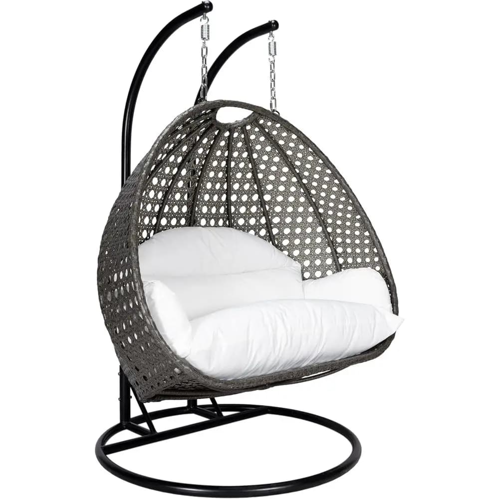 White 2-Person Wicker Hanging Egg Chair with UV-Resistant Cushions for Indoor and Outdoor Use