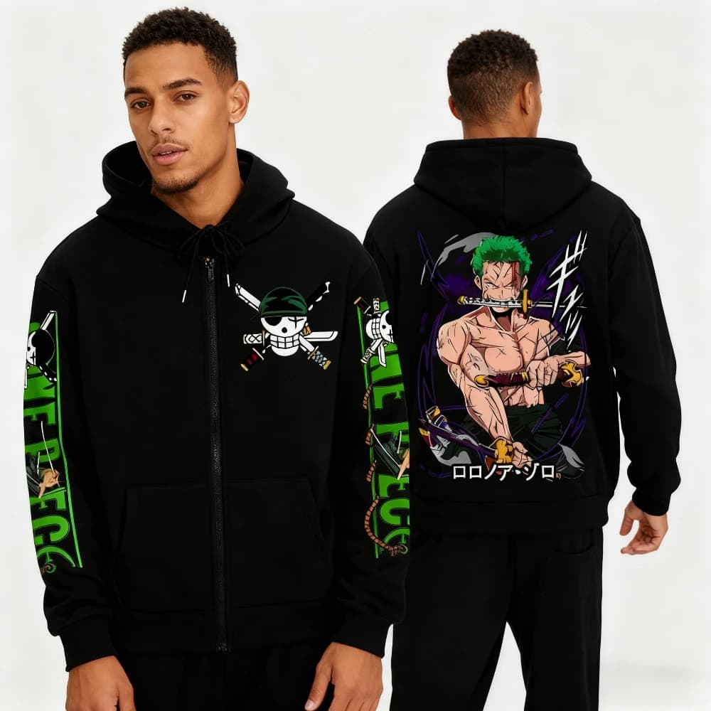 Streetwear One Piece Zoro Anime Felpa con cappuccio Giacca con zip Stampa grafica Manica lunga Casual Hip Hop Pullover Uomo Donna Moda autunnale