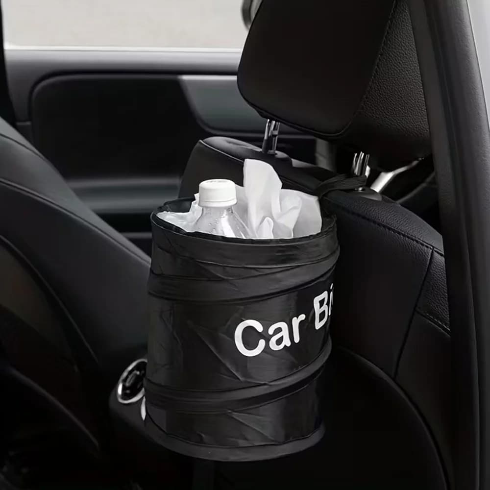 Mini bidone della spazzatura per auto pop-up pieghevole nero Bidone della spazzatura sospeso impermeabile con velcro per l'organizzazione interna del veicolo