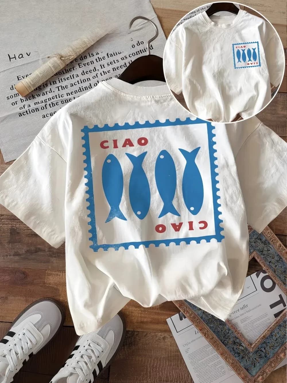 Ciao Italian Fish Graphic T Shirt Women Mediterranean Summer Vacation Tee Retro Aesthetic Harajuku Streetwear Fashion Top