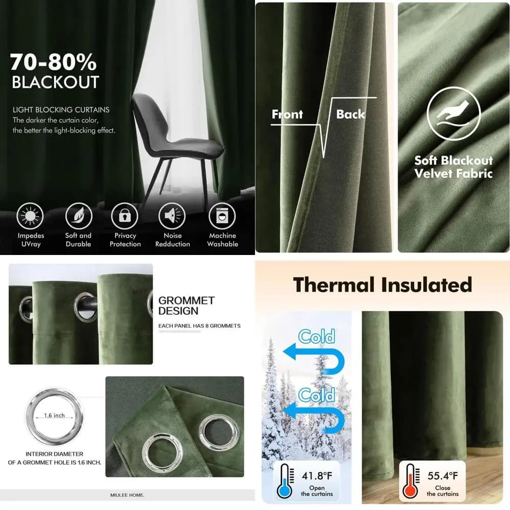 Elegant Thermal Insulating Curtains and Oil Green Fonoabsorbents with Eyelets, 72x84 Inches, Set of 2 for Classic Living Room and Bedroom Furniture