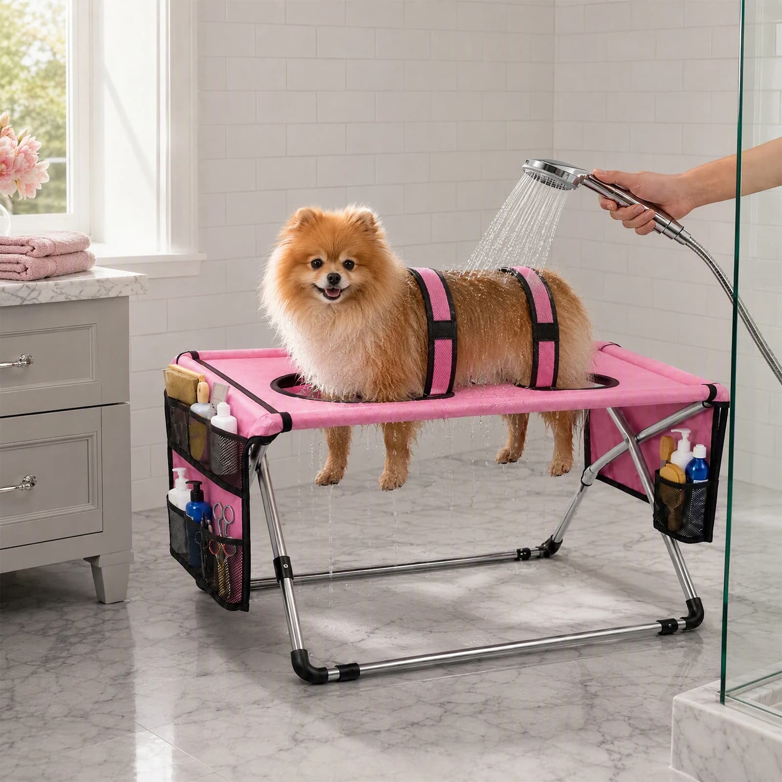 Generic Pet Grooming Hammock Secure Strap Foldable Pet Grooming Table with Eight Holes Breathable Hanging Harness for Dogs