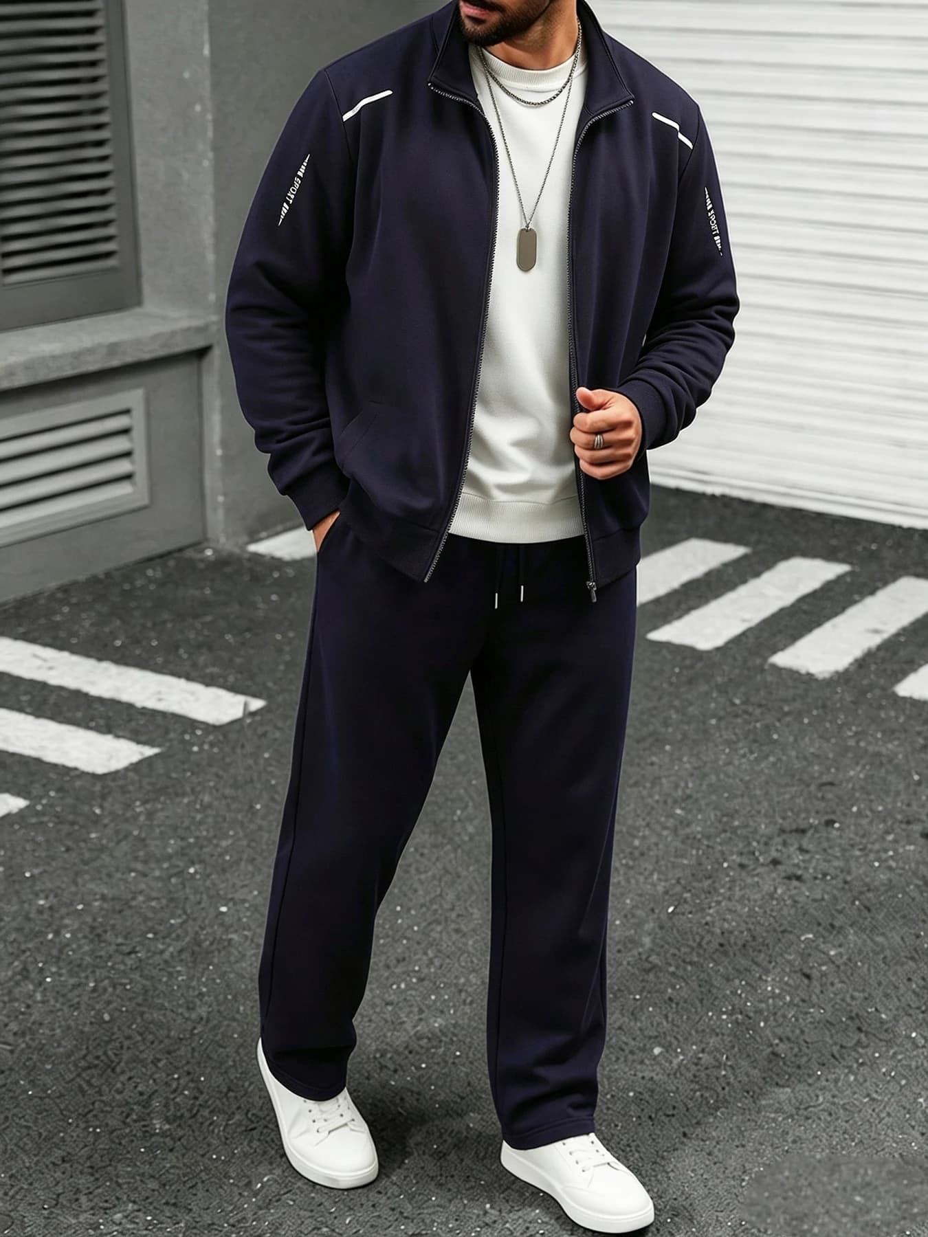 Men's Stand-Up Collar Zip-Up Cardigan Jacket and Straight-Leg Trousers Two-Piece Set, Navy Blue Simple Casual Sports Suit, Business Style Versatile Comfortable Daily Men's Outfit Set
