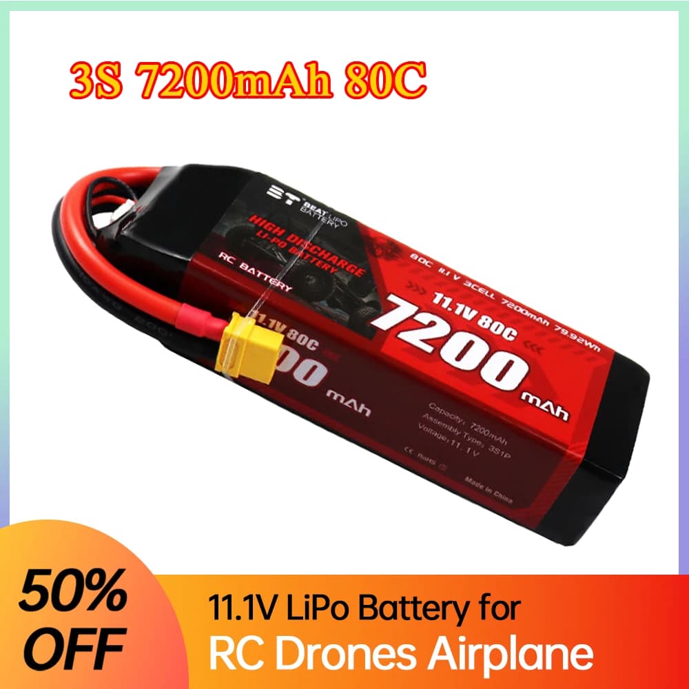 Batteria Lipo 3S 7200mAh 11.1V 80C per Droni, Quadricotteri RC, Elicotteri, Auto, Barche, Ricambi, Batteria Ricaricabile 3S con Connettore T/XT60