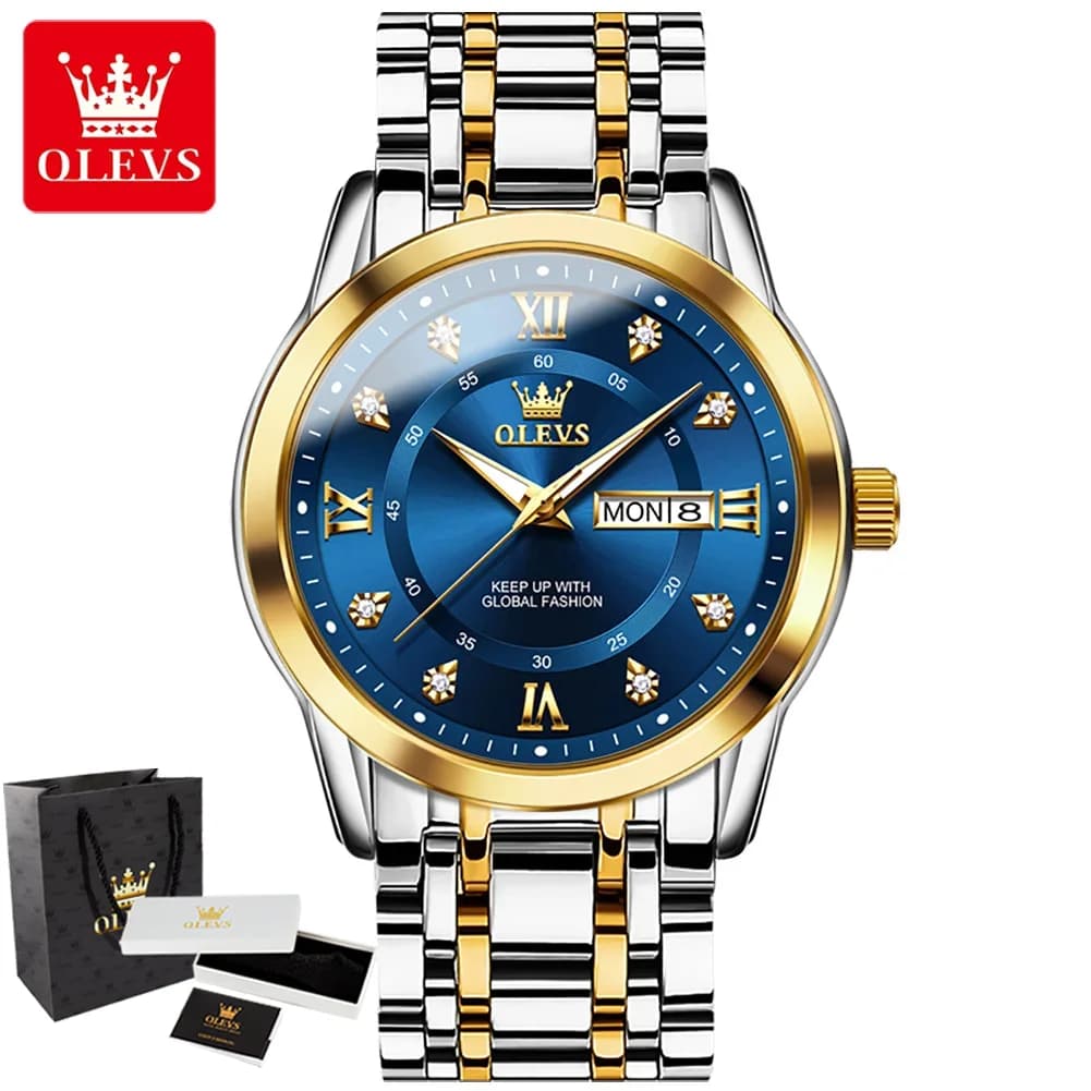 OLEVS 5513 Men's watch stainless steel with diamonds Roman scale double calendar waterproof luminous wristwatch working gift box for men