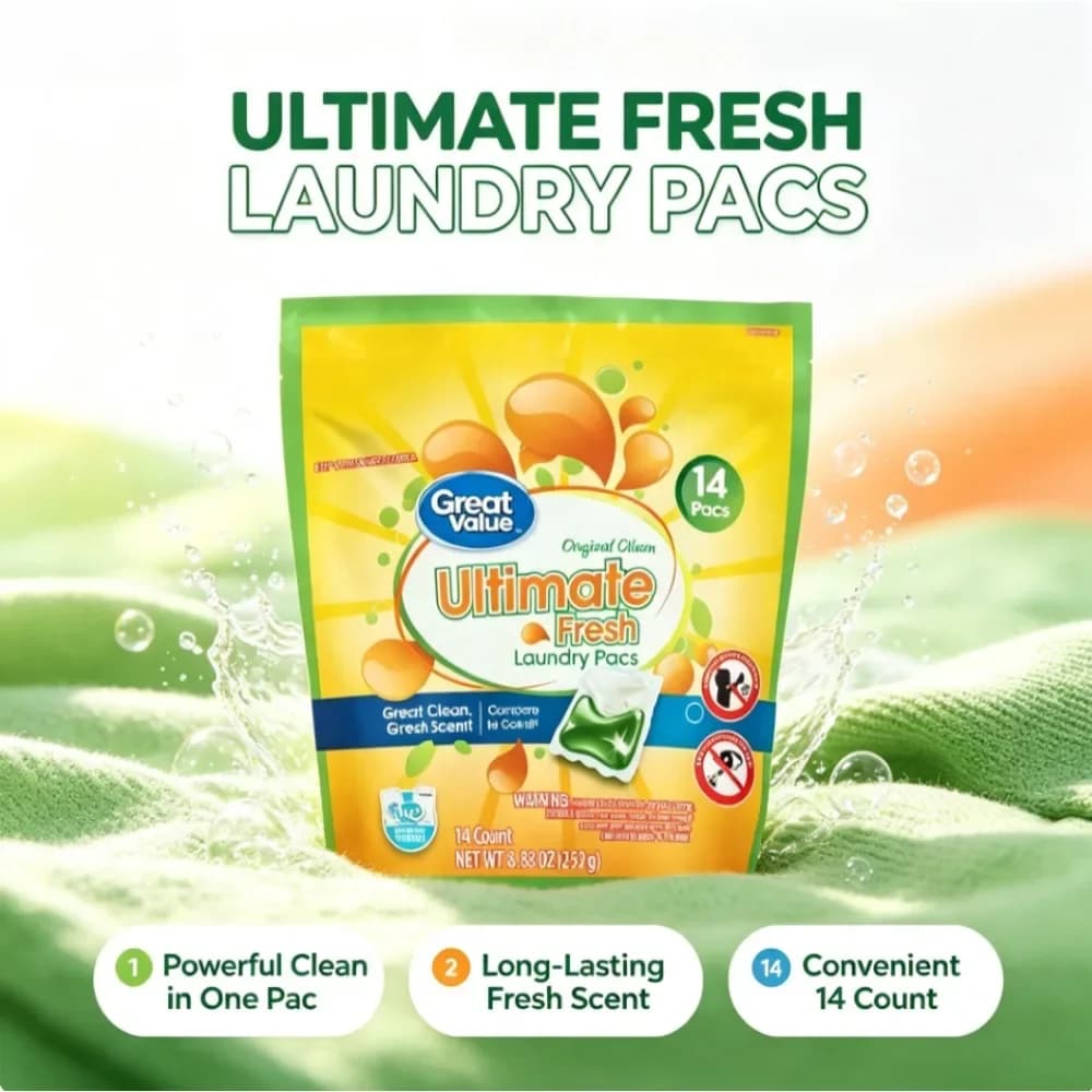 Ultimate Fresh Laundry Detergent Pacs, Original Clean, 14 Count, Powerful Stain Removal, Concentrated Liquid Pods for Deep Cleaning, Fresh Scent, Easy Use Single Dose Pack for Washing Machine