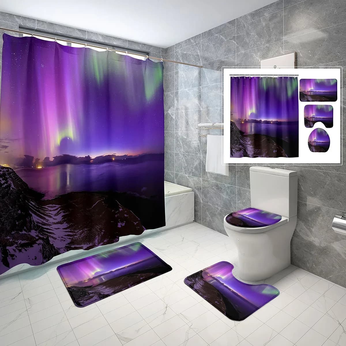 Set di 4 Pezzi: Tenda Doccia Aurora con Copriwater, Tappetino Antiscivolo, Tenda Doccia Impermeabile con Paesaggio Invernale al Crepuscolo