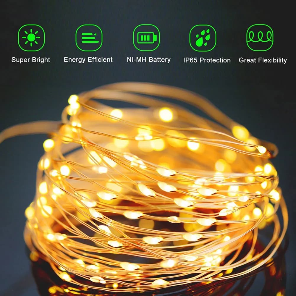 5M 20M LED Luce solare Lampada da esterno Luci della stringa per le vacanze Festa di Natale Lucine impermeabili Ghirlanda da giardino Filo di rame