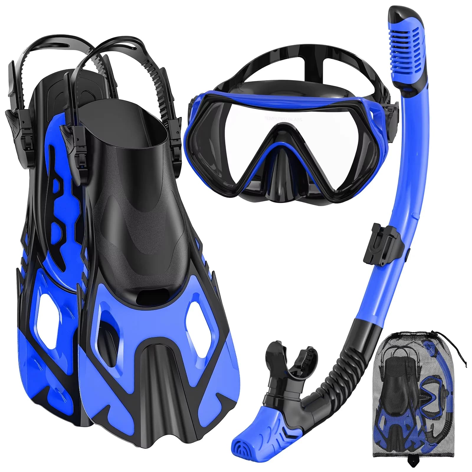 Set Snorkel 3 in 1 with 180° Panoramic Mask, Anti-fog and Anti-Infiltration, with Pinne and Mouth - Factory Direct Supply