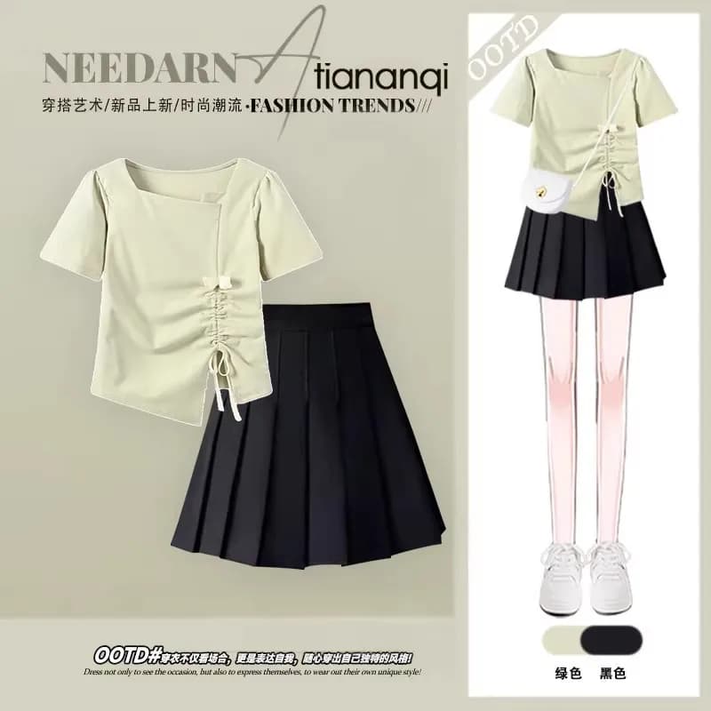 Temperament Set Women's Spring/Summer Korean Edition Short Sleeved T-shirt+High Waisted Black JK Short Skirt Two Piece Set