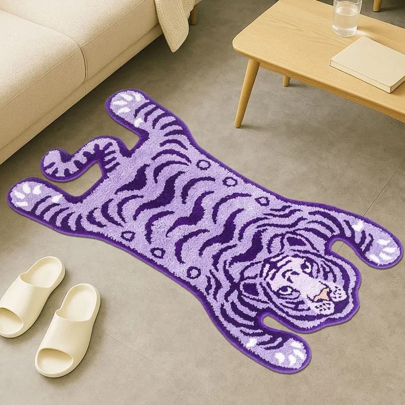VIKAMA Purple Tiger Shaped Rug Fluffy Irregular Animal Floor Mat Cute Leopard Stripe Carpet For Bedroom Living Room Home Decor