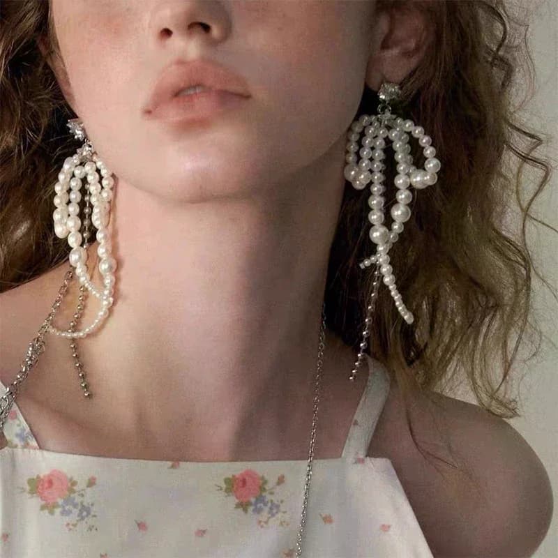 Korean Style Light Luxury Elegant Crystal Bow Tassel Dangle Earrings For Women Fashion Elegant Tassel Jewelry Party Gifts