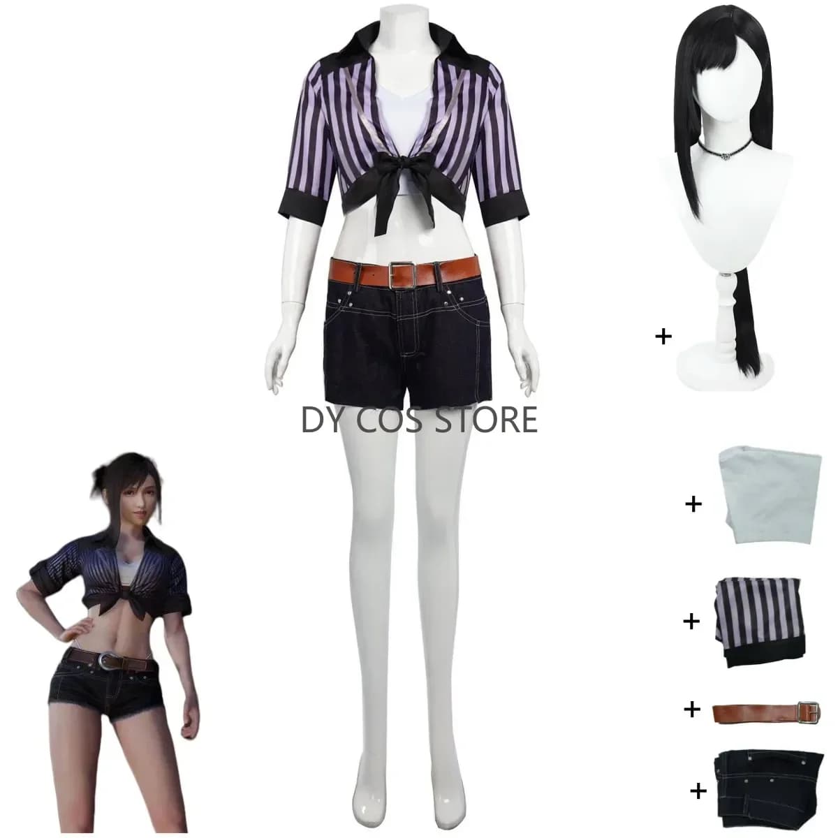 Gioco Final Fantasy VII Tifa Lockhart Costume Cosplay Camicia a righe Cappotto Pantaloncini di jeans Parrucca uniforme Donna Abito di carnevale sexy