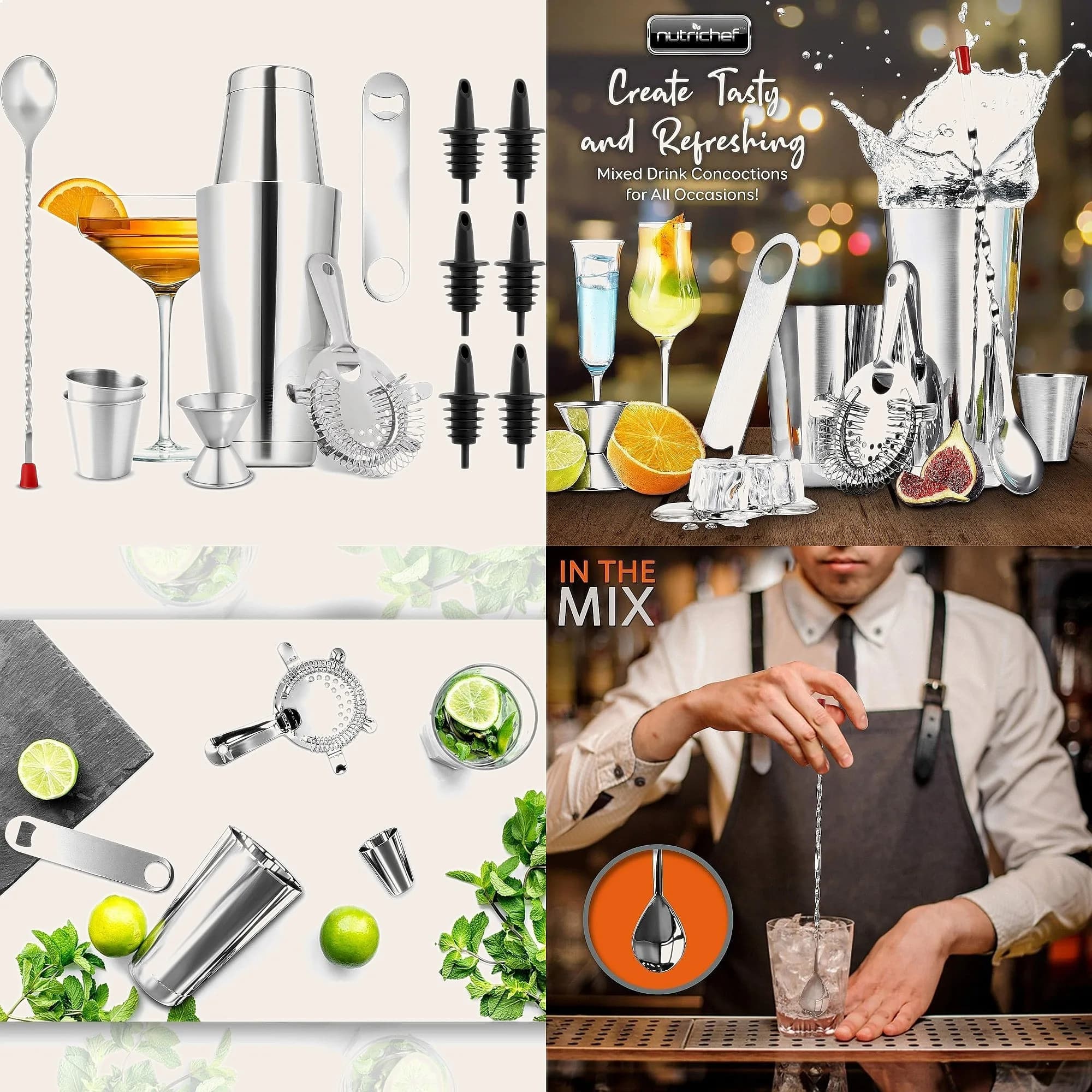 15-Piece Stainless Steel Cocktail Shaker Set with Bar Tools Recipe Book
