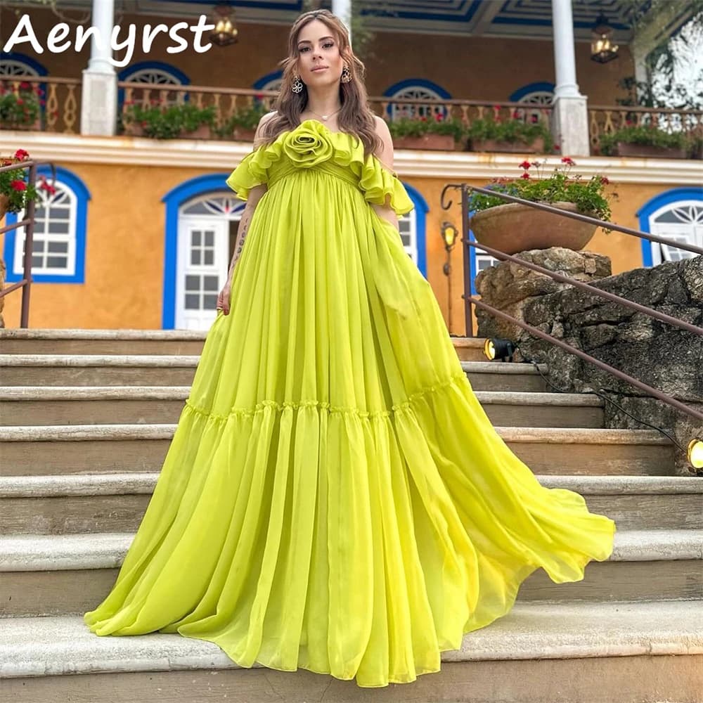 Aenyrst Abiti da ballo con spalle scoperte, fiori 3D e volant, in chiffon, linea ad A, senza schienale, lunghi fino al pavimento, per serate e cene di gala
