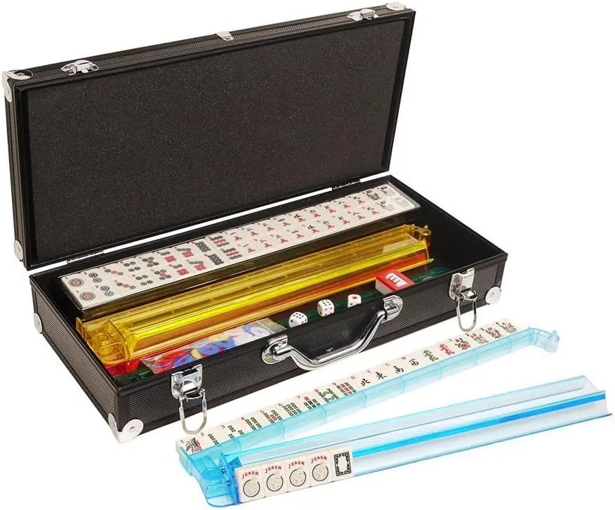 Set Mahjong americano con 166 piastrelle incise, 4 rack/pushers, custodia in alluminio - Kit di gioco completo