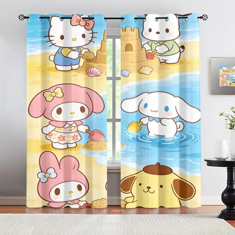2 pz. Tende Oscuranti Sanrio con Stampa Sabbia e Mare, Blocco Luce, Protezione Solare, con Occhielli, per Finestre, per Camerette Bambini, Decorazioni Casa Tema Natura