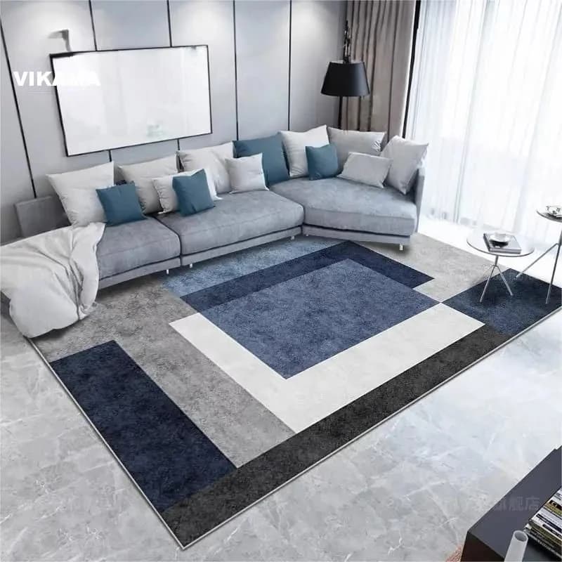 Tappeto Geometrico Blu-Grigio Stile Nordico VIKAMA, Antiscivolo, Assorbente, Lavabile, Morbido Tappeto per Soggiorno