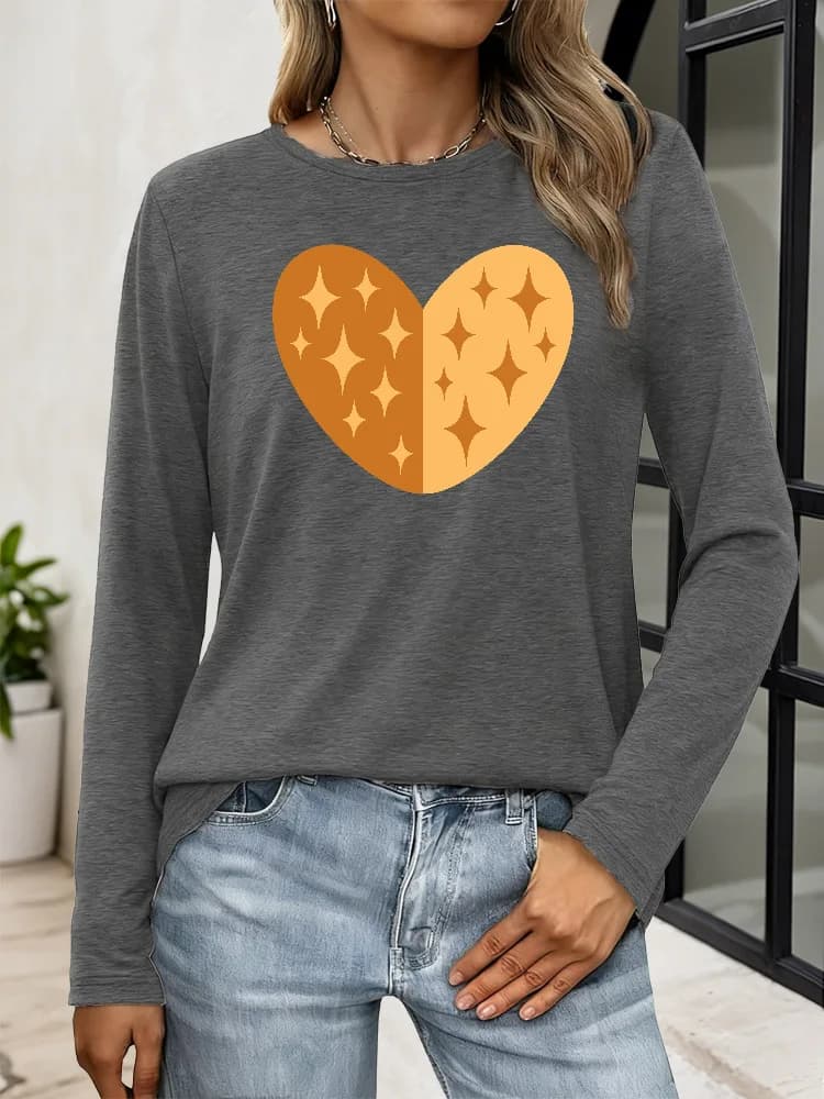 Long sleeve t-shirt with casual print by woman with heart and stars Y2K Top Tee Mixed fabric breathable for spring autumn