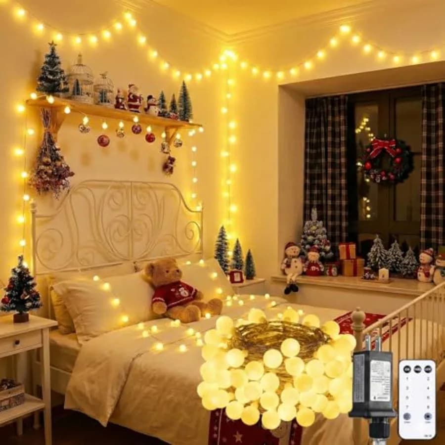Catena di 200 Luci LED a Globo Infrangibili, 20 Metri, Luce Calda, con Telecomando, 8 Modalità, Impermeabile, per Interni ed Esterni