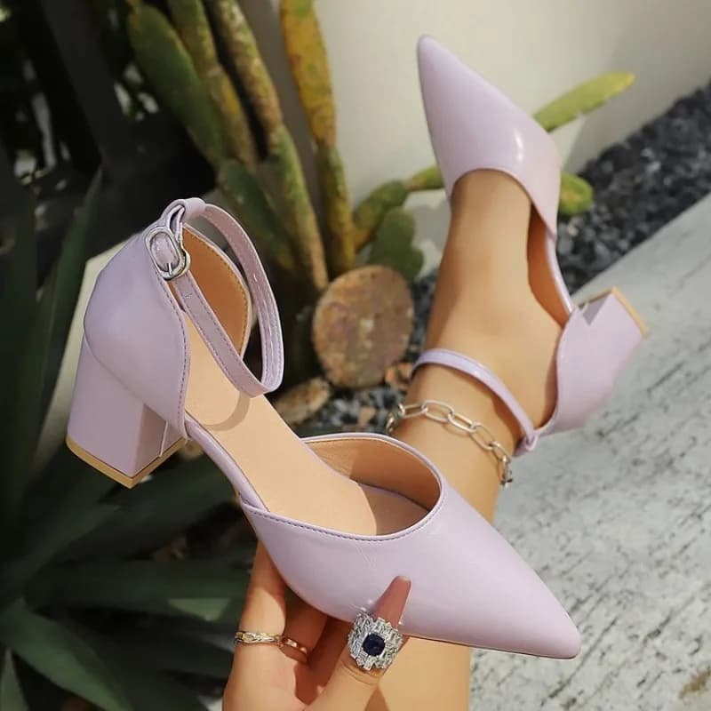 2026 Women Buckle with Pointed High Heels Thick Heel Women Heeled Sandals Pumps Ladies Dress Party Shoes