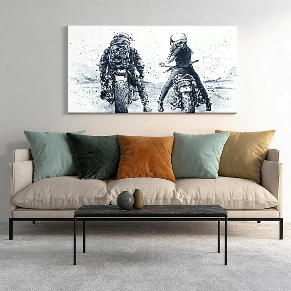 Painted on canvas with large wooden frame, 1 piece. Two bikers, adventure equipment.