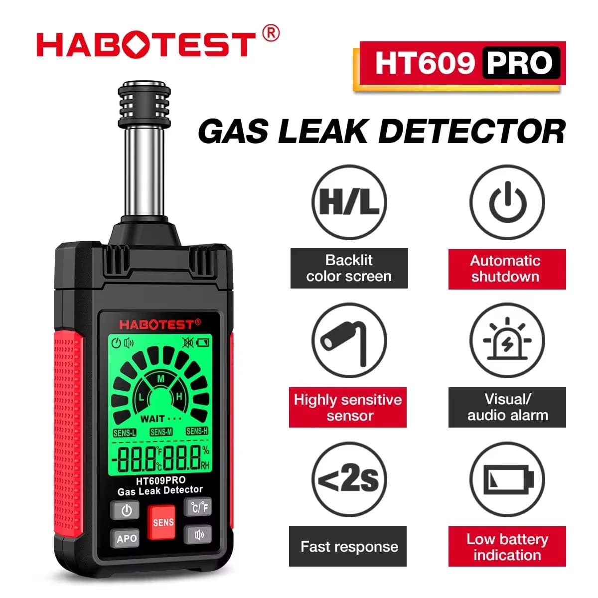 HABOTEST HT609 Pro Natural Gas Detector Gas Leak Detector 0-1000PPM Sound & Screen Alarm Natural Methane Gas Detector