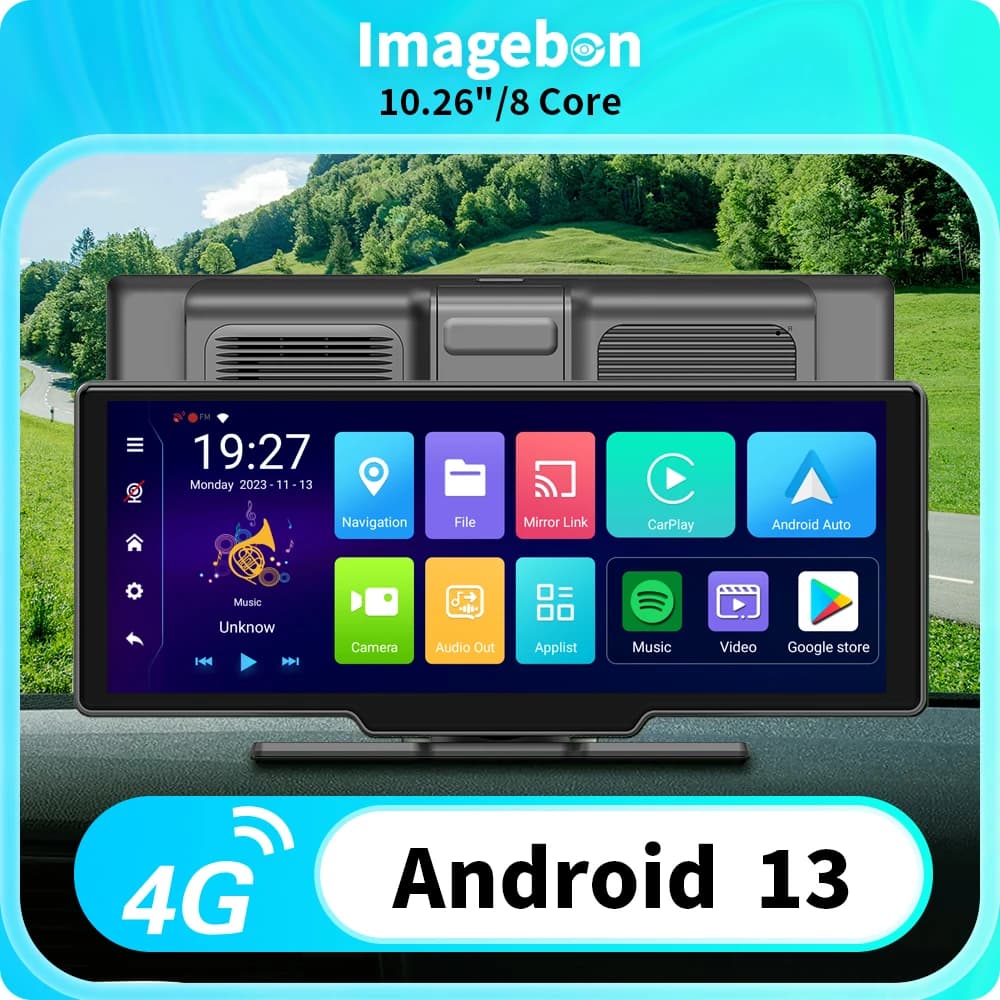 Imagebon 10.26'' 4G LTE Android 13 Car DVR Wireless CarPlay Android Auto Dash Cam AI Screen GPS Navigation Rearview Mirror Cam