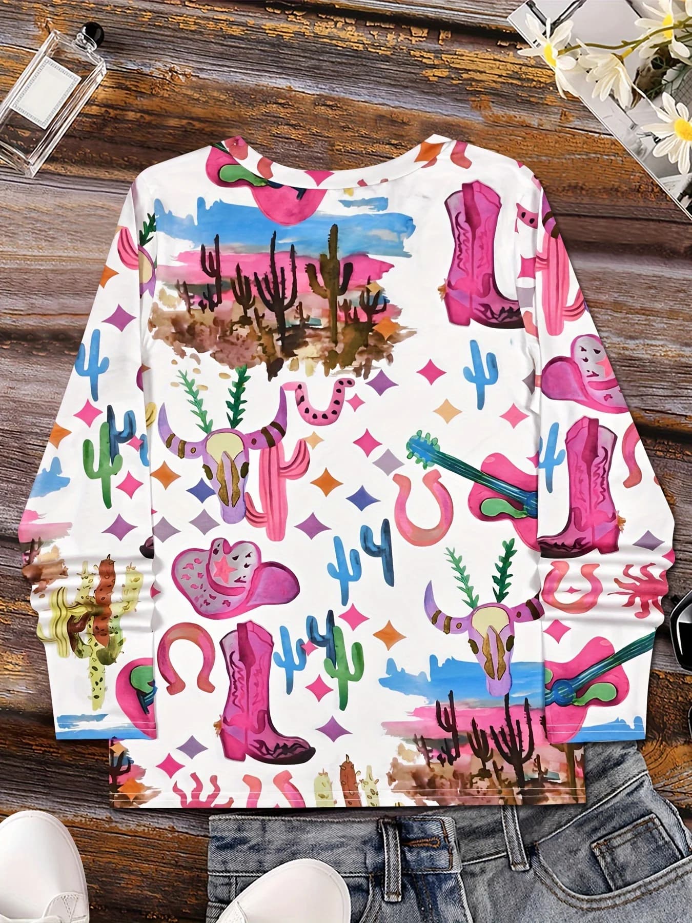 Women Western Cactus Cowboy Element Print Long Sleeve Top Crew Neck Casual Loose Pullover Blouse