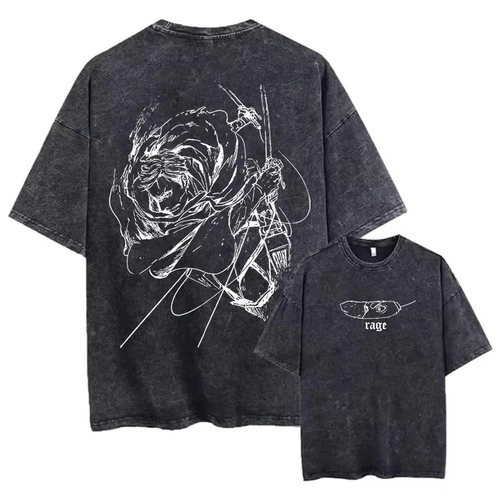 Hot Anime Attack on Titan Levi Ackerman Cool Printing Tee Men Washed Cotton T-shirts Retro Oversized T Shirt Harajuku Tshirt
