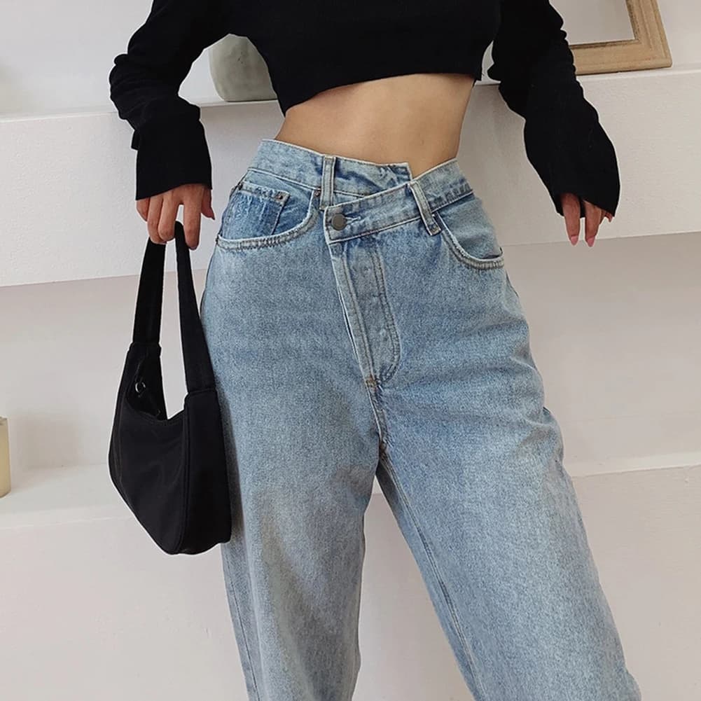 Jeans Vintage a gamba dritta da donna anni '90 Jeans asimmetrici a vita alta allentati pantaloni Casual in Denim estivo da donna