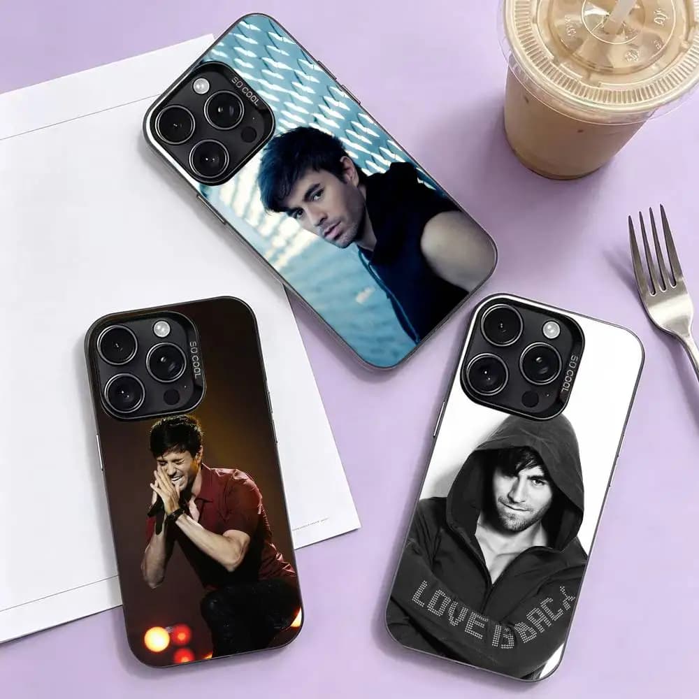 Cover per iPhone con immagine di Enrique Iglesias, cantante spagnolo, colorata e argentata, compatibile con iPhone 17, 16, 15, 14, 13, 12 Plus, Pro Max, XS