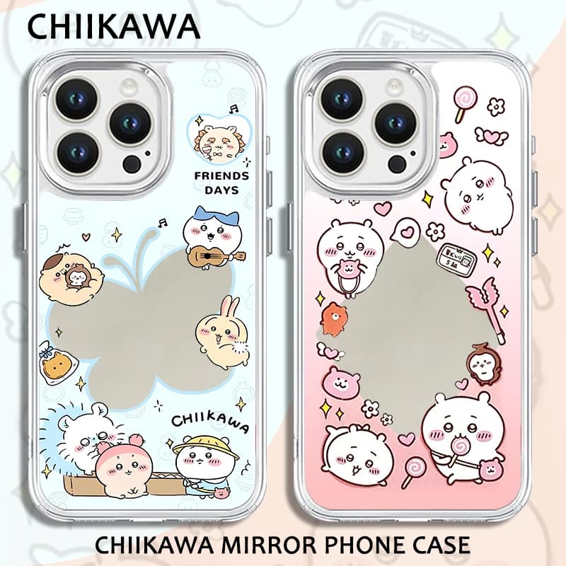 Chiikawa Makeup Mirror Phone Case for iphone 17 Pro Max 16 Plus 15 14 13 12 Cute Cartoon Usagi Hachiware Shell with Bracelet