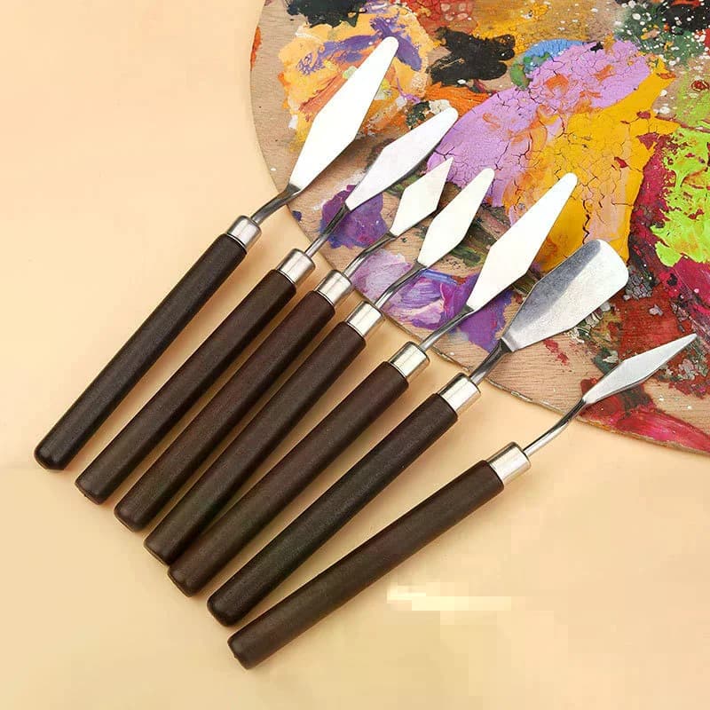 7 pezzi di raschietti per pittura a olio d'arte mista per acquerello, set di legno, acciaio inossidabile, coltello per miscelazione di pigmenti per pittura a guazzo, utensile manuale