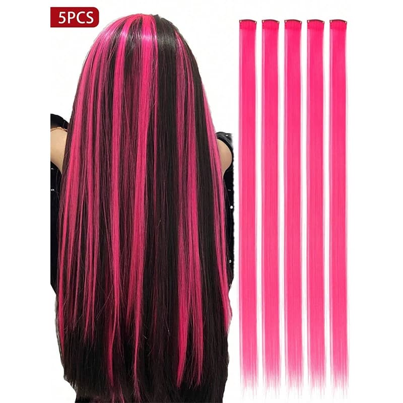 Colorful smooth hair extension with clip, long, synthetic, pink, 22 inch, for woman