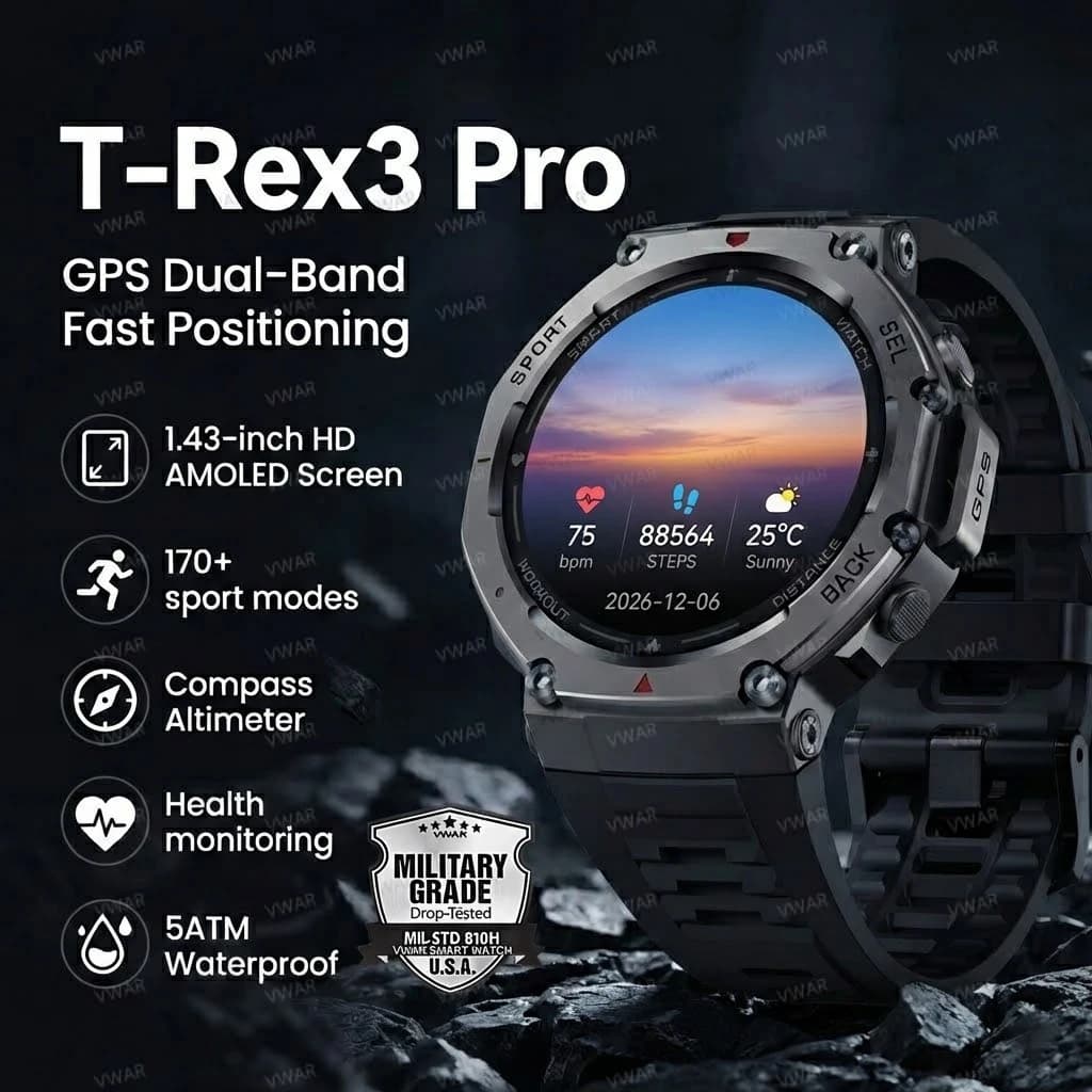 New Smartwatch Military GPS T-Rex 3 Pro 2026 with GNSS Dual-Band Integrated, compass, 1.43 Pneumatic AMOLED Screen, 10ATM Waterproof, for Men